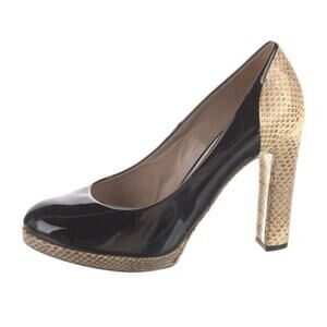 CHLOE Black Patent Leather Beige Snake Trim Block Heel Platform Pump IT 37 US 7